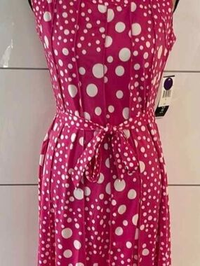 Perceptions Hot Pink & White Polka Dot Midi Dress with Tie Waist